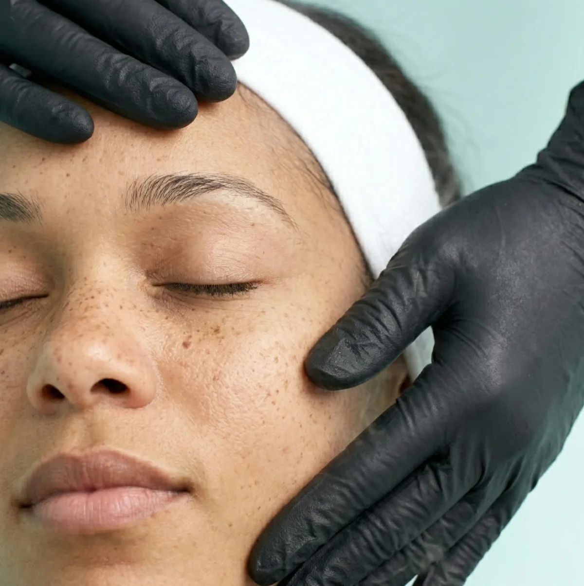 KiWest Spa esthetician in black nitrile gloves performing a deep cleansing facial during steam and extractions on a client with melanin-rich, freckled skin in Belleville, Barbados