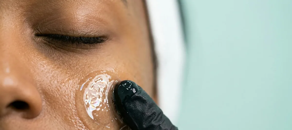 Esthetician at KiWest Spa Belleville applying a glistening hyaluronic acid serum droplet to the cheek of a Caribbean client during a hydrating facial in Barbados
